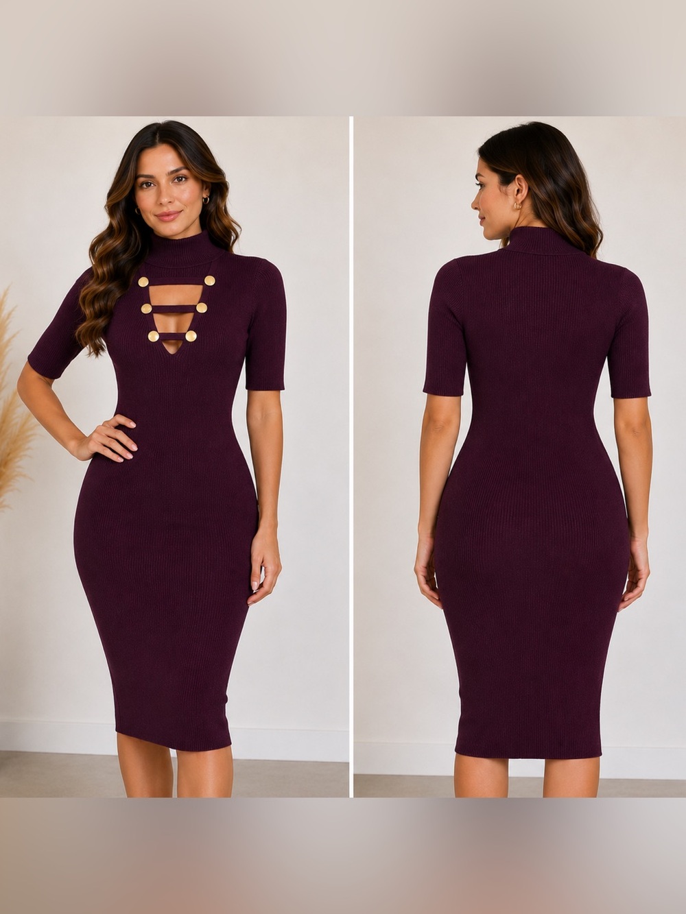 Plum purple short sleeve ribbed high neck bodycon mini dress Sz L